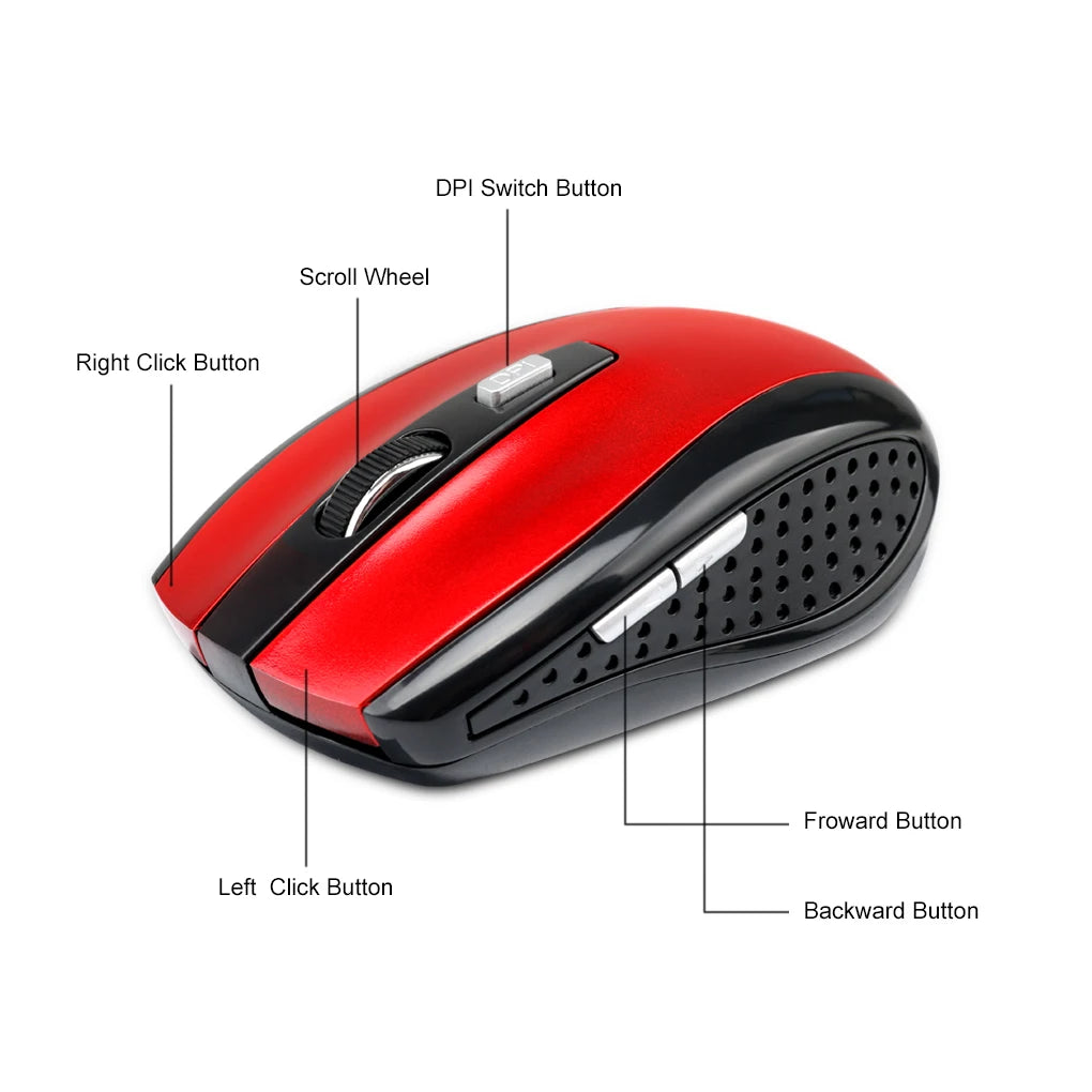 Computer Wireless Optical Mouse Fast Speed 6 Buttons Gaming Mice 800/1200/1600DPI Desktop PC Portable Matte Black